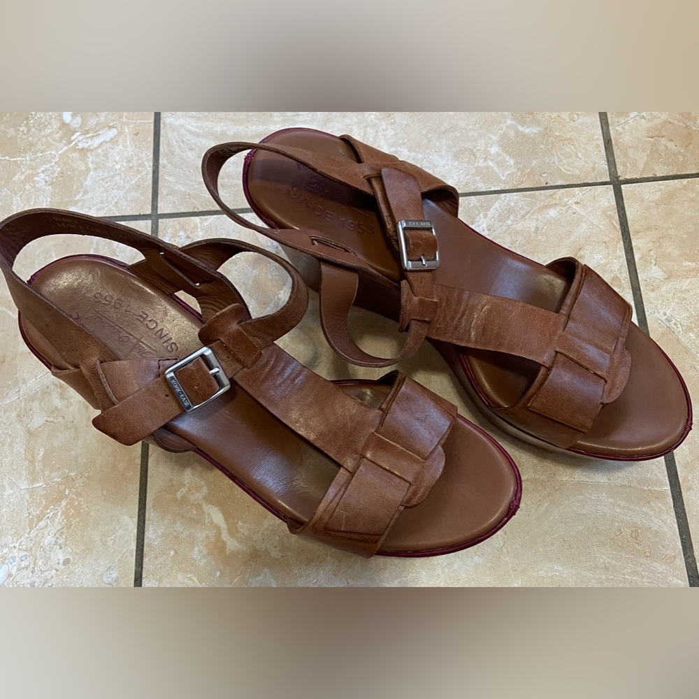 Kork-Ease Brown Leather T-Strap Buckle Sandals‎ High Wedges Women’s Size 9